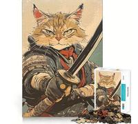Samurai Cat Warrior with Sword Jigsaw Puzzles for Adults1000 Piece Mind Game Toy Anxiety Relief Neat Cut Art Collectible (38x26cm)