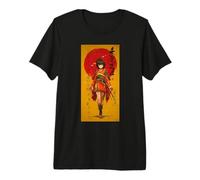 Samurai Dawn - Japanese Warrior Woman with Rising Sun Art Premium T-Shirt