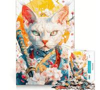 Samurai Devon Rex Cat with Cherry Blossoms Hard Jigsaw Puzzle for Adults 1000 Pieces Intellect Toy Cozy Time Quality Cut (38x26cm)