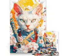 Samurai Devon Rex Cat with Cherry Blossoms Hard Jigsaw Puzzle for Adults 1000 Pieces Intellect Toy Cozy Time Quality Cut (38x26cm)