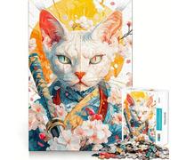 Samurai Devon Rex Cat with Cherry Blossoms Jigsaw Puzzles 1000 Piece for Teenagers Strong Logic Toy Mental Relax Clear Edge Stylish Gift (38x52cm)