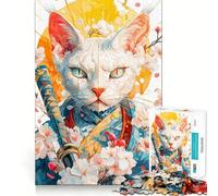 Samurai Devon Rex Cat with Cherry Blossoms Jigsaw Puzzles 1000 Pieces for Adults Memory Gain Anxiety Relief Design Assembly Artistic Gift (50x75cm)