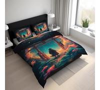 Samurai Duvet Cover, Oriental Japanese Torii Bedding Sets Double Size, Reversible Print Breathable Quilt Cover with 2 Pillowcases, Zipper Closure, Bedroom Decor