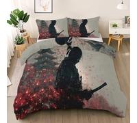 Samurai Duvet Cover Set, Red Flame Reversible Bedding Set, Japanese Architecture Polycotton 3 pcs Lightweight Premium Quilt Cover Set for All Seasons With Zipper (Oriental Aesthetics, Single)
