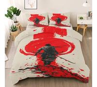 Samurai Duvet Cover Set Twin Size, Maple Leaf Bedding Set, Red Sun Comforter Cover with 2 Pillow Shams, Comfy Breathable Lightweight Japanese style Comforter Cover