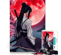 Samurai Girl Under Red Moon Jigsaw Puzzles 1000 Piece for Teenagers Pure Logic Toy Gentle Relax Clean Cut Fine Art Piece (38x26cm)