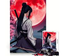 Samurai Girl Under Red Moon Jigsaw Puzzles 1000 Piece for Teenagers Pure Logic Toy Gentle Relax Clean Cut Fine Art Piece (38x26cm)