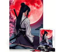 Samurai Girl Under Red Moon Jigsaw Puzzles 1000 Pieces for Adults Strengthen Recall Calm Mind Quality Edge Warm Surprise (38x52cm)
