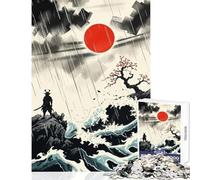 Samurai in Rain with Rising Sun Jigsaw Puzzle 1000 Piece for Teenagers Serene Peaceful Play Activity Peaceful Calm Stress Relief (50X75cm)