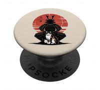 Samurai Kneeling Before Cat Japanese Red Sun Art PopSockets Adhesive PopGrip