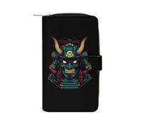 Samurai Mask Oni Devil Japanese Casual Leather Wallet for Men Women Classic Zipper Pocket Credit Card Coin Purse with ID Window