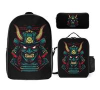 Samurai Mask Oni Devil Japanese Trendy Backpack Set for Unisex Lightweight 17inch Daypack with Lunch Bag And Pencil Case 3pcs