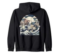Samurai Ninja Cat vs Dragon Monster Great Wave Japanese Art Zip Hoodie