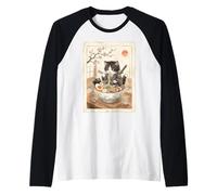 Samurai Ninja Cute Cat Ramen Bowl Japanese Watercolor Japan Raglan Baseball Tee