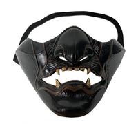 Samurai Oni Half Face Mask with Gold Fangs Latex Halloween Japanese Demon | Adults Samurai Face Mask for Men Women, Black Devil Ghost Warrior Mask, Horror Party Costume Cosplay Game Dress Up Prop