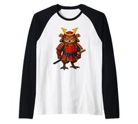 Samurai Owl Warrior in Red Armor with Katana Sword Raglan Baseball Tee