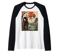 Samurai Panda UFO Alien Invasion Japanese Ukiyo-e Raglan Baseball Tee