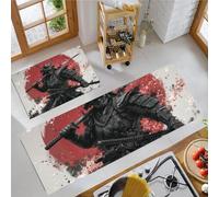 Samurai Portrait 2 Pieces Kitchen Floor Mats Rugs, Japanese Ink Painting Kitchen Rugs Non Slip for Decoration, 43x75cm+43x150cm Door Mats for Hallway Dining Room and Entryway - Red