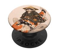 Samurai Raccoon Koi Fish Japanese Art Illustration PopSockets Adhesive PopGrip