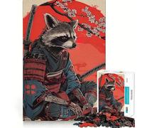 Samurai Raccoon with Katana And Cherry Blossoms Jigsaw Puzzles 1000 Pieces for Adults Strengthen Memory Group Joy Clean Edge Stylish Gift (38x52cm)