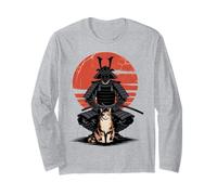 Samurai Shadow and Cat Red Sun Japanese Design Long Sleeve T-Shirt