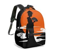 Samurai Silhouette Red Sun Japanese Print Backpack - 16 Inch Oriental Warrior Aesthetic Bag - Ethereal Cloud Design Rucksack (04)