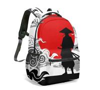 Samurai Silhouette Red Sun Japanese Print Backpack - 16 Inch Oriental Warrior Aesthetic Bag - Ethereal Cloud Design Rucksack (01)