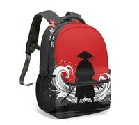 Samurai Silhouette Red Sun Japanese Print Backpack - 16 Inch Oriental Warrior Aesthetic Bag - Ethereal Cloud Design Rucksack (02)