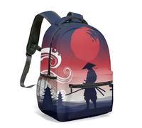 Samurai Silhouette Red Sun Japanese Print Backpack - 16 Inch Oriental Warrior Aesthetic Bag - Ethereal Cloud Design Rucksack (03)