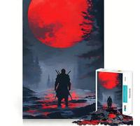 Samurai Silhouette Under Red Moon 1000 Piece Jigsaws for Adults Puzzle Strengthen Recall Stress Relief Quality Edge Bday Surprise (38x26cm)