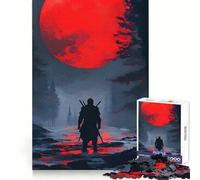 Samurai Silhouette Under Red Moon 1000 Piece Jigsaws for Adults Puzzle Strengthen Recall Stress Relief Quality Edge Bday Surprise (38x26cm)