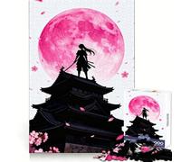 Samurai Silhouette with Pink Moon Jigsaw Puzzles 1000 Pieces for Adults Strengthen Recall Calm Mind Quality Edge Warm Surprise (38x26cm)