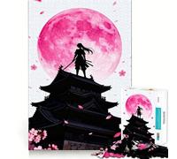 Samurai Silhouette with Pink Moon Jigsaw Puzzles 1000 Pieces for Adults Strengthen Recall Calm Mind Quality Edge Warm Surprise (38x26cm)