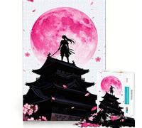 Samurai Silhouette with Pink Moon Jigsaw Puzzles for Adults1000 Piece Mind Game Toy Anxiety Relief Neat Cut Art Collectible (38x52cm)