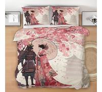 Samurai Super King Duvet Cover Set, Geisha Soft Microfiber Bedding with Pillow Cases, Japanese Architecture Quilt Cover Easy Care, Pink Flower Duvet Cover with Zipper, 260x220cm