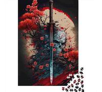 Samurai Sword 1000 Piece Jigsaw Puzzle Paper for Adults Sakura Skull Night View Jigsaw Puzzle for Family Relax Decor Gift 52x38cm/1000pcs