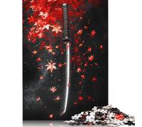 Samurai Sword with Falling Leaves Wooden Jigsaw Puzzles for Adults 1000 Piece Toys Family Jigsaw Games Birthday Puzzle Educational Boys Girls 1000pcs (75x50cm)