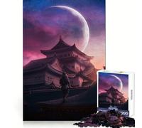 Samurai Under Crescent Moon Jigsaw Puzzles 1000 Pieces for Adults Brain Skill Stress Release Exact Edge Wall Art Decor (50x75cm)