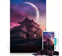 Samurai Under Crescent Moon Jigsaw Puzzles 1000 Pieces for Adults Brain Skill Stress Release Exact Edge Wall Art Decor (50x75cm)