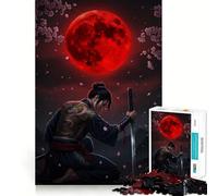 Samurai Under Red Moon Jigsaw Puzzles 1000 Pieces for Adults Brain Skill Stress Release Exact Edge Wall Art Decor (38x26cm)