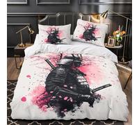 samurai warrior 3D Digital Print Comforter Cover 3-Piece Premium Microfibre Stain-Resistant Japanese Quilt Cover 2 Pillow Shams Zippered Closure Bed Ensemble Family Guests Super king（260x220cm）