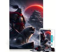 Samurai Warrior And Castle Under Red Moon Jigsaw Puzzles 1000 Pieces for Adults Brain Skill Stress Release Exact Edge Wall Art Decor (38x52cm)