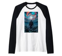 Samurai Warrior Overlooking Tranquil Moonlit Field Twilight Raglan Baseball Tee