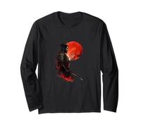 Samurai Warrior Red Moon Japanese Ink Art Style Long Sleeve T-Shirt