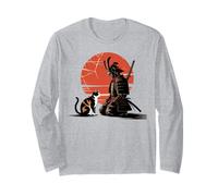 Samurai with Cat Zen Warrior and Red Sun Design Long Sleeve T-Shirt