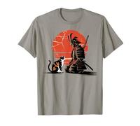 Samurai with Cat Zen Warrior and Red Sun Design T-Shirt