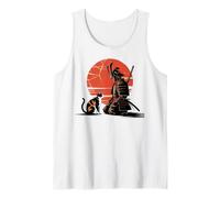Samurai with Cat Zen Warrior and Red Sun Design Tank Top