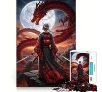 Samurai Woman Facing Red Dragon 1000 Piece Jigsaw Puzzles for Adults Jigsaw Memory Gain Stress Release Design Assembly Xmas Gift (38x26cm)