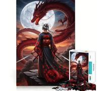 Samurai Woman Facing Red Dragon Jigsaw Puzzles 1000 Piece for Adults Think Smart Toy Together Fun Accurate Cut Art Display (38x52cm)