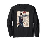 Samurai Woman with Katana Sakura Mount Fuji Rising Sun Long Sleeve T-Shirt
